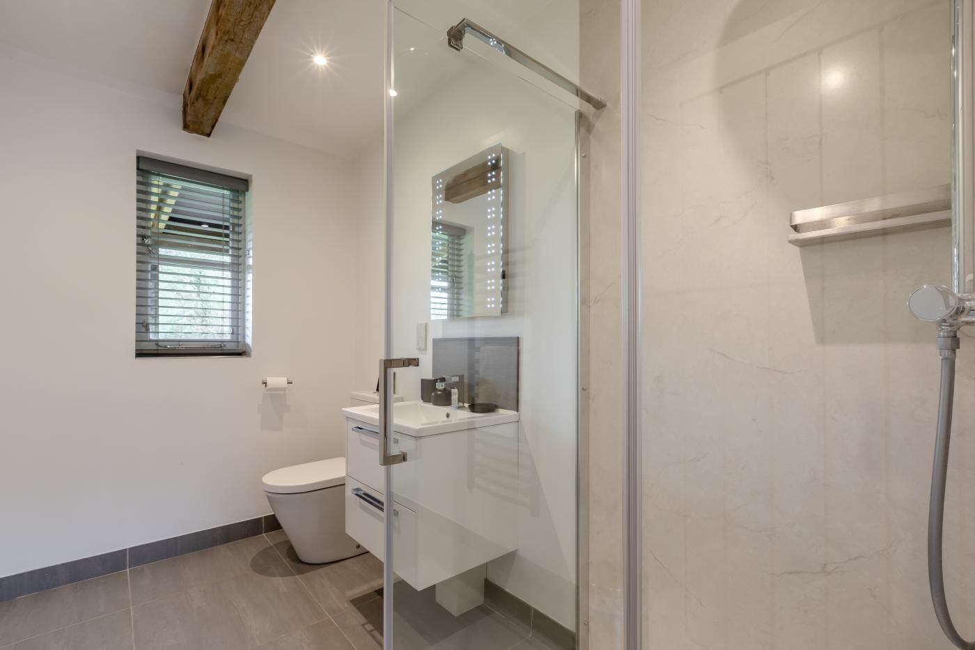 A modern bathroom with a glass shower enclosure, a toilet, and a sink with a mirror.