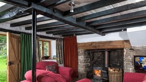 Una habitación rústica con chimenea de piedra, sillones tapizados en rojo y un televisor.