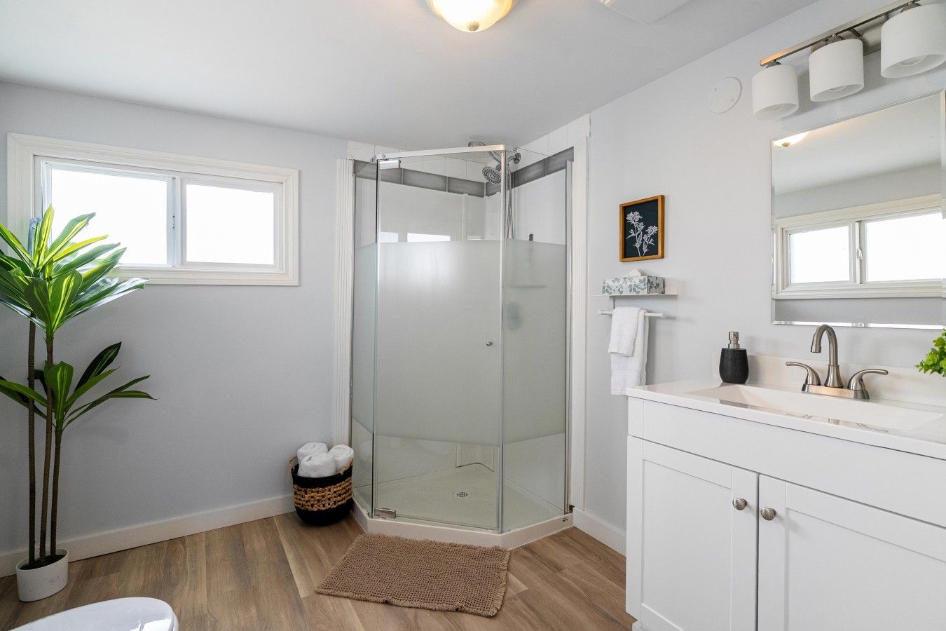 Une salle de bain moderne avec une douche à l’italienne en verre, un meuble-lavabo blanc et une plante en pot.