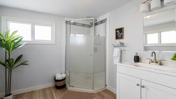 Une salle de bain moderne avec une douche à l’italienne en verre, un meuble-lavabo blanc et une plante en pot.