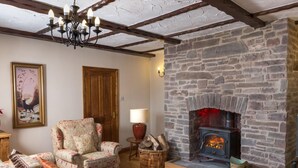Uma sala de estar aconchegante com lareira de pedra, móveis com padrão floral e um candelabro.