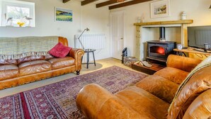 Ein gemütliches Wohnzimmer mit Ledersofa, Kamin, Fernseher und Heizkörper.