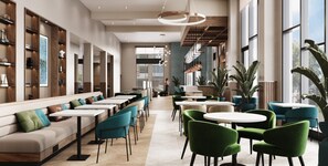A modern restaurant interior with high ceilings, wooden paneling, and a mix of seating options including tables and booths. - Hilton Garden Inn Kokomo Downtown (Kokomo)