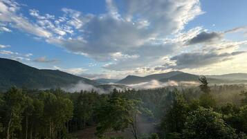 A mountainous landscape with a forested valley and a clear sky.