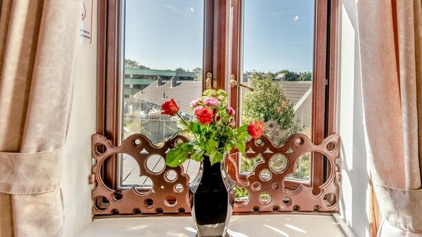 Una finestra con vista su edifici e una cornice metallica decorativa.