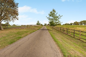 A rural road flanked by wooden fences and trees, leading towards a distant building. - 1 Bed in Little Gransden (oc-81056) (Little Gransden)