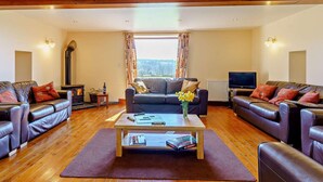 A living room with two leather sofas, a coffee table, a fireplace, and a television. - 6 Bed in Llandovery (oc-82441) (Llanfair-ar-y-Bryn)
