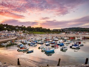 A harbor with numerous boats docked, a pier, and buildings in the background. - 1 Bed in Axminster (oc-82604) (Tytherleigh)