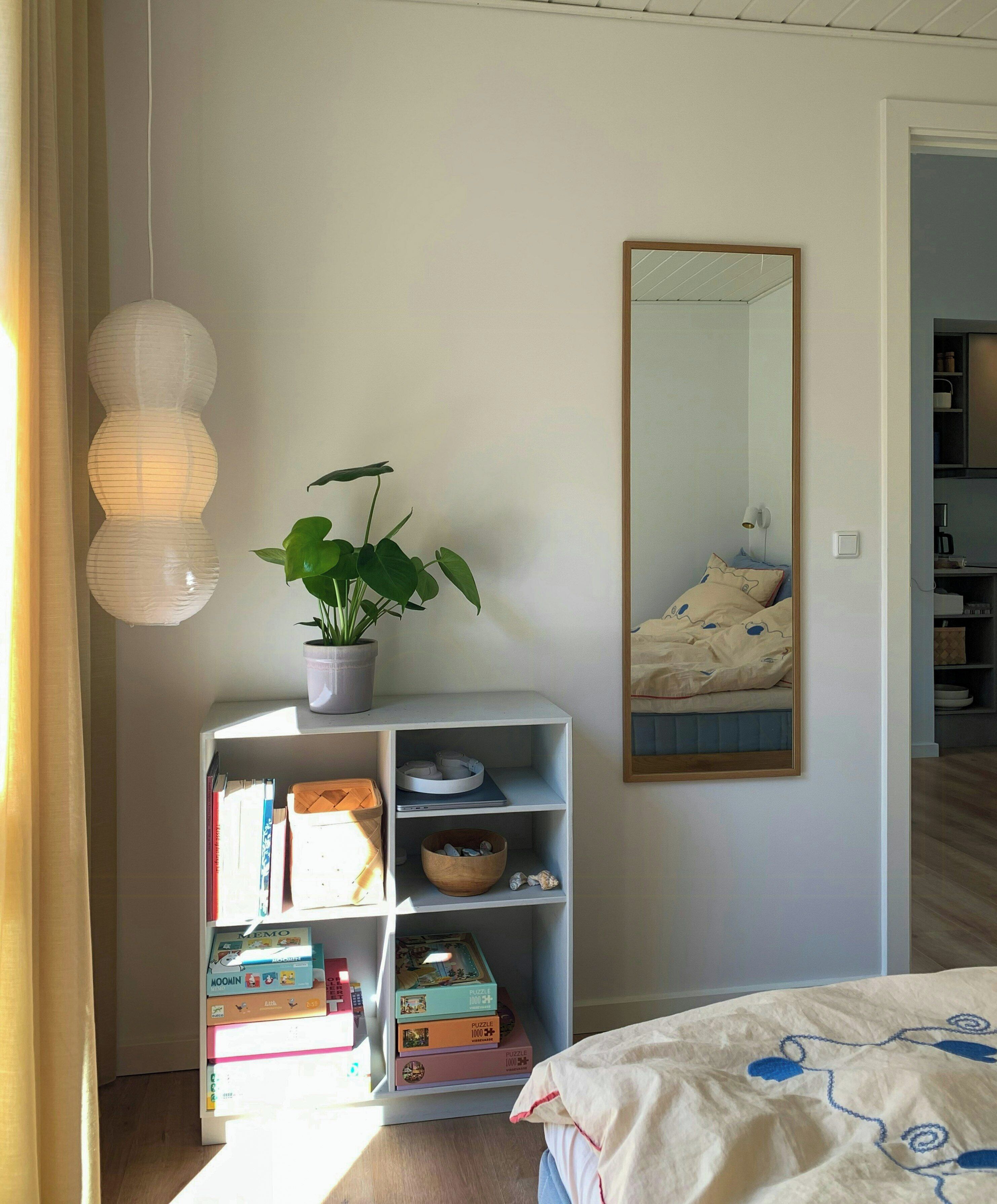 Une chambre à coucher avec un lit, une plante en pot, une bibliothèque et un miroir.