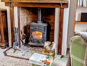 A wood-burning stove in a room with a patterned rug, a book, and a green chair. - 1 Bed in Watchet (oc-81240) (Washford)