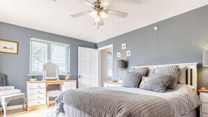A bedroom with a bed, desk, chair, and a ceiling fan. - 1 Bed in Bude (oc-82365) (Jacobstow)