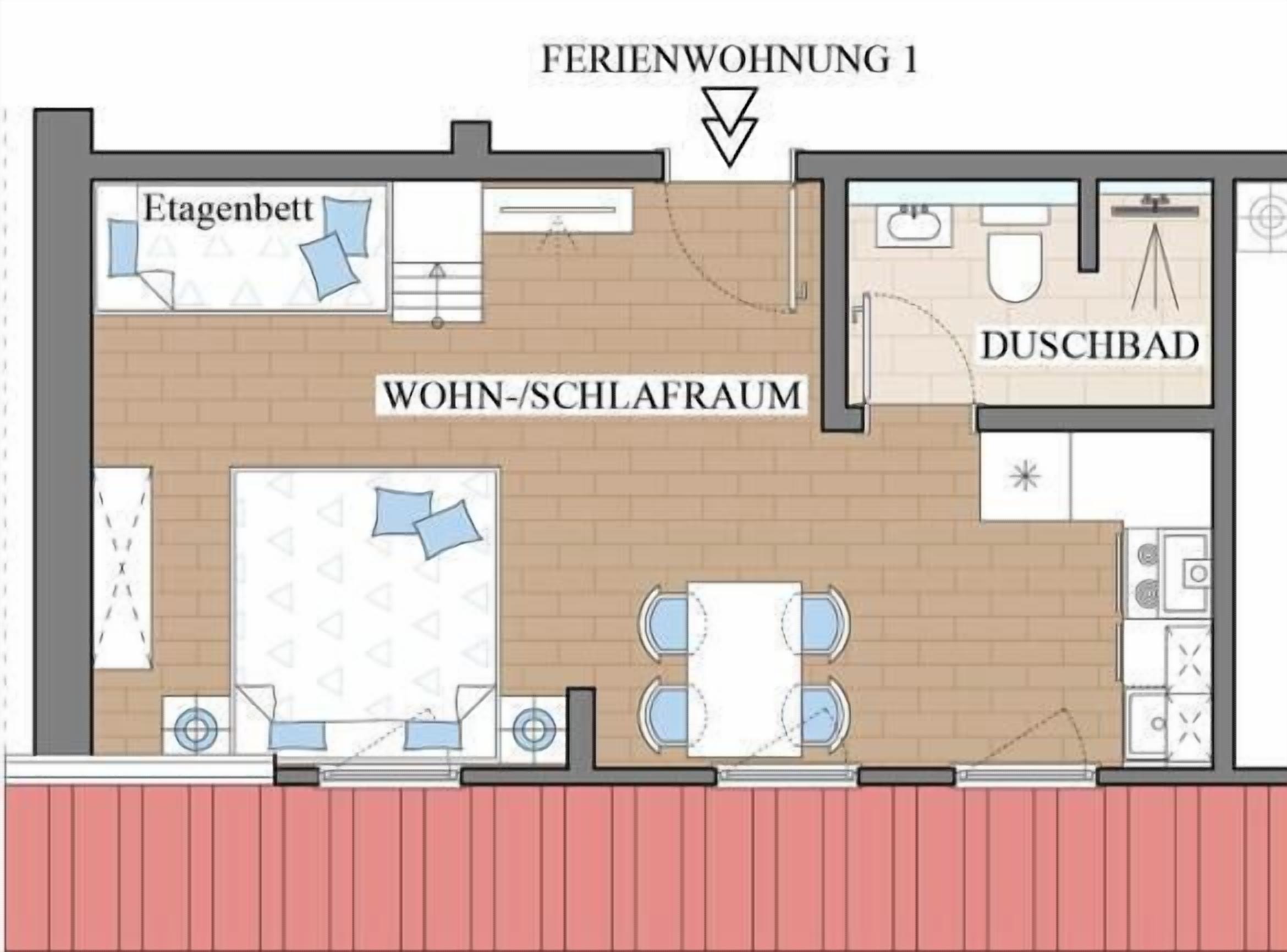 A hotel room layout with a living area, ensuite bathroom, and a separate ensuite bathroom.