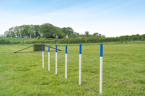 Un campo cubierto de hierba con una serie de postes blancos y azules.