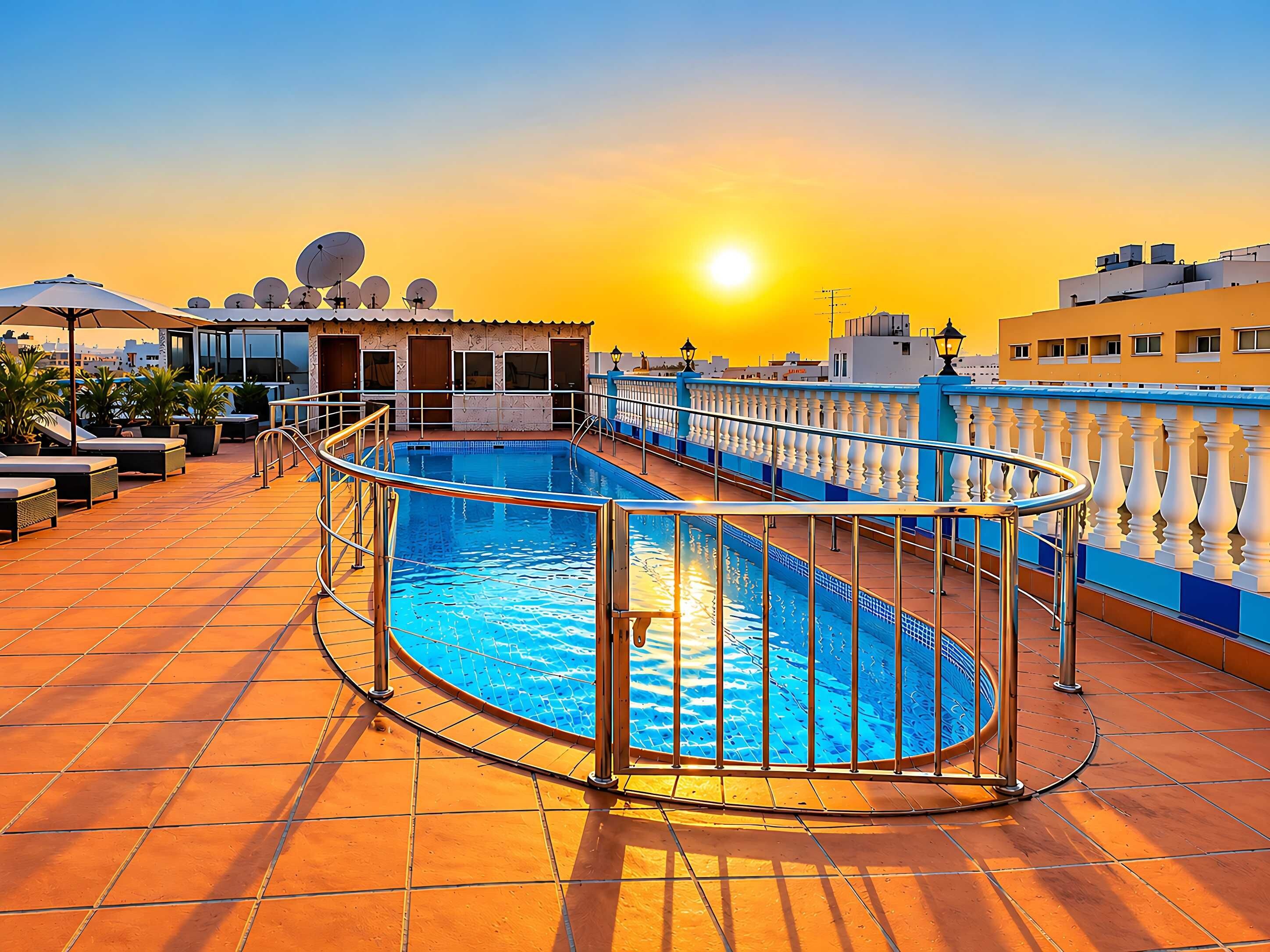A rooftop swimming pool with a sunlit sky, a lounge area with sunbeds, and a view of the cityscape.