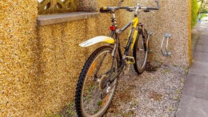 En mountainbike parkeret op ad en væg med struktur og et dekorativt udskåret vindue.