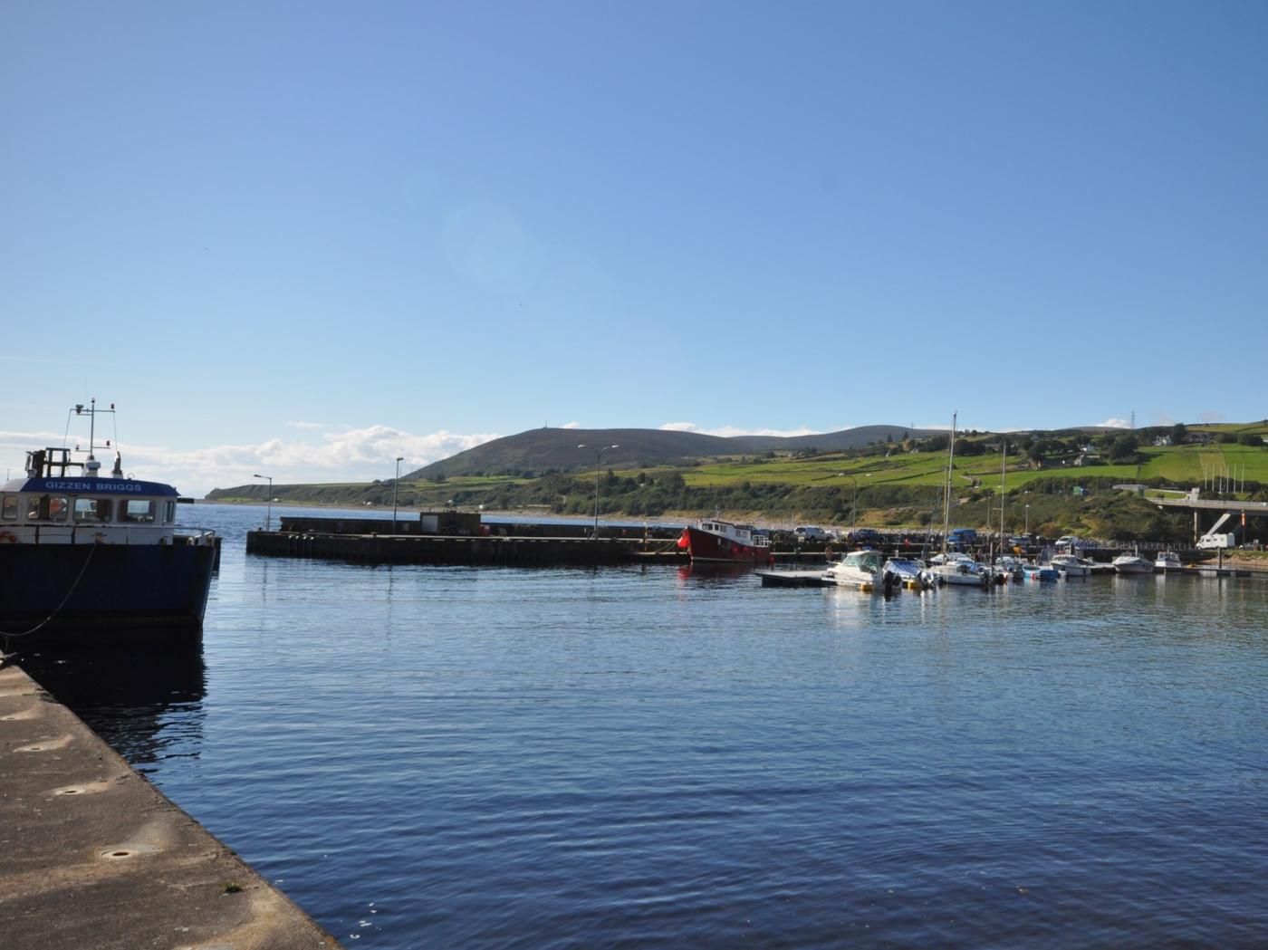 A harbor with boats docked, a bridge in the background, and a hilly landscape.