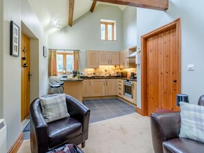 Ein gemütliches Wohnzimmer mit Kamin, Essbereich und Küche mit Holzschränken und einem großen Fenster.