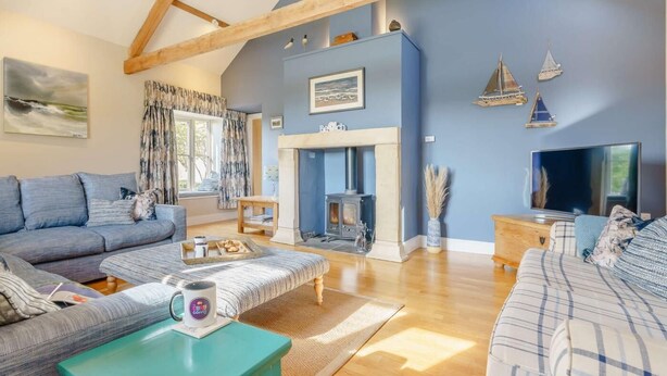 A cozy living room with a fireplace, a sofa, a coffee table, and a television. - 4 Bed in Belford (oc-83373) (Belford)