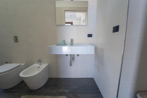 A bathroom with a white sink, a bidet, and a mirror above the sink.