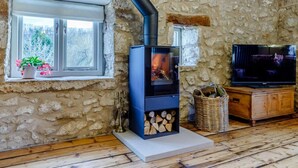 A stone-walled room with a wood-burning stove, a television, and a window with a plant. - 2 Bed in Matlock (oc-83435) (Slaley)