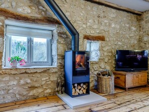 Ein Zimmer mit Steinwänden, einem Kaminofen, einem Fernseher und einem Fenster mit einer Pflanze.