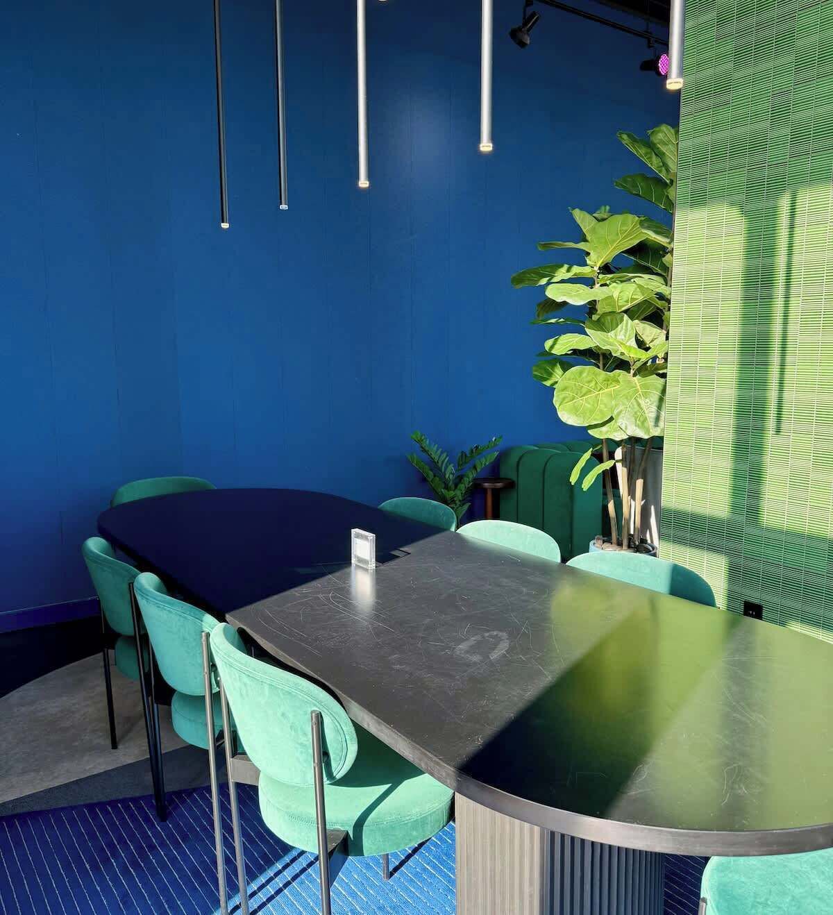 A conference room with a dark table, teal chairs, and a potted plant.
