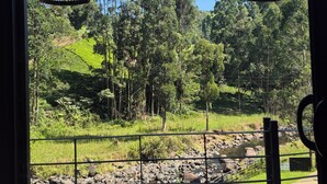 Vista a través de una ventana que muestra dos lámparas colgantes de mimbre, una barandilla de metal y un paisaje verde con árboles y un arroyo.