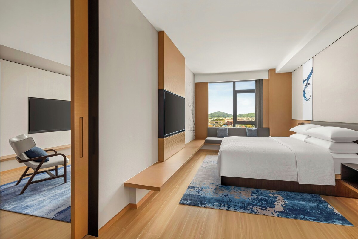 Habitación de hotel moderna con una cama grande, zona de estar, televisión de pantalla plana y vistas al exterior.