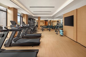 Un gimnasio moderno con varias cintas de correr, máquinas de pesas y un muro de espejos.