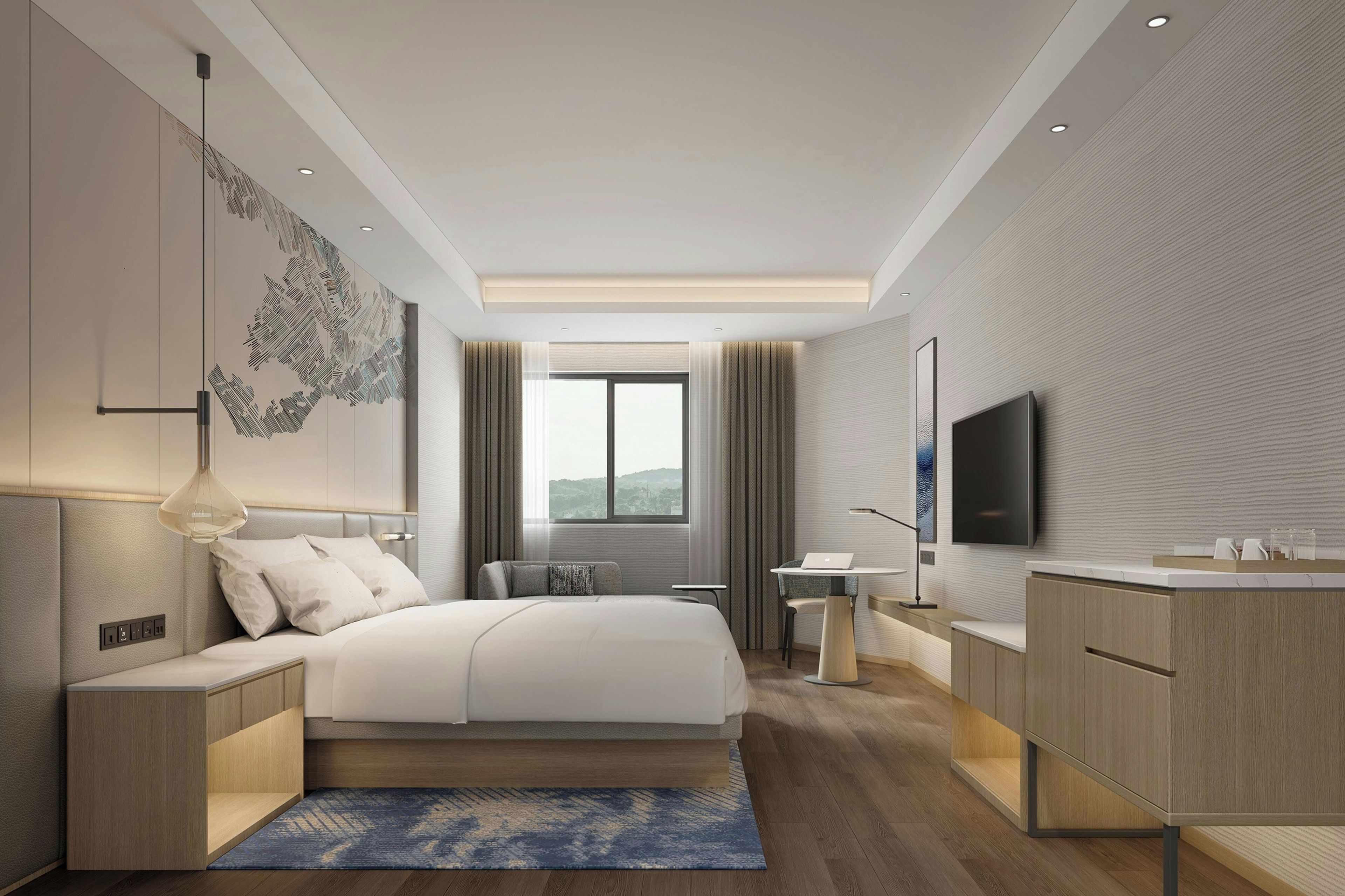 A modern hotel room with a large bed, bedside tables, a desk, a TV, and a view of the outdoors.