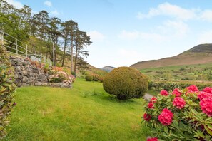 A landscaped garden with a stone wall, a spherical hedge, and flowering plants.