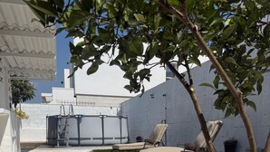 Een terras met kunstgras, twee lounge fauteuils, een kleine boom en een waterpartij.