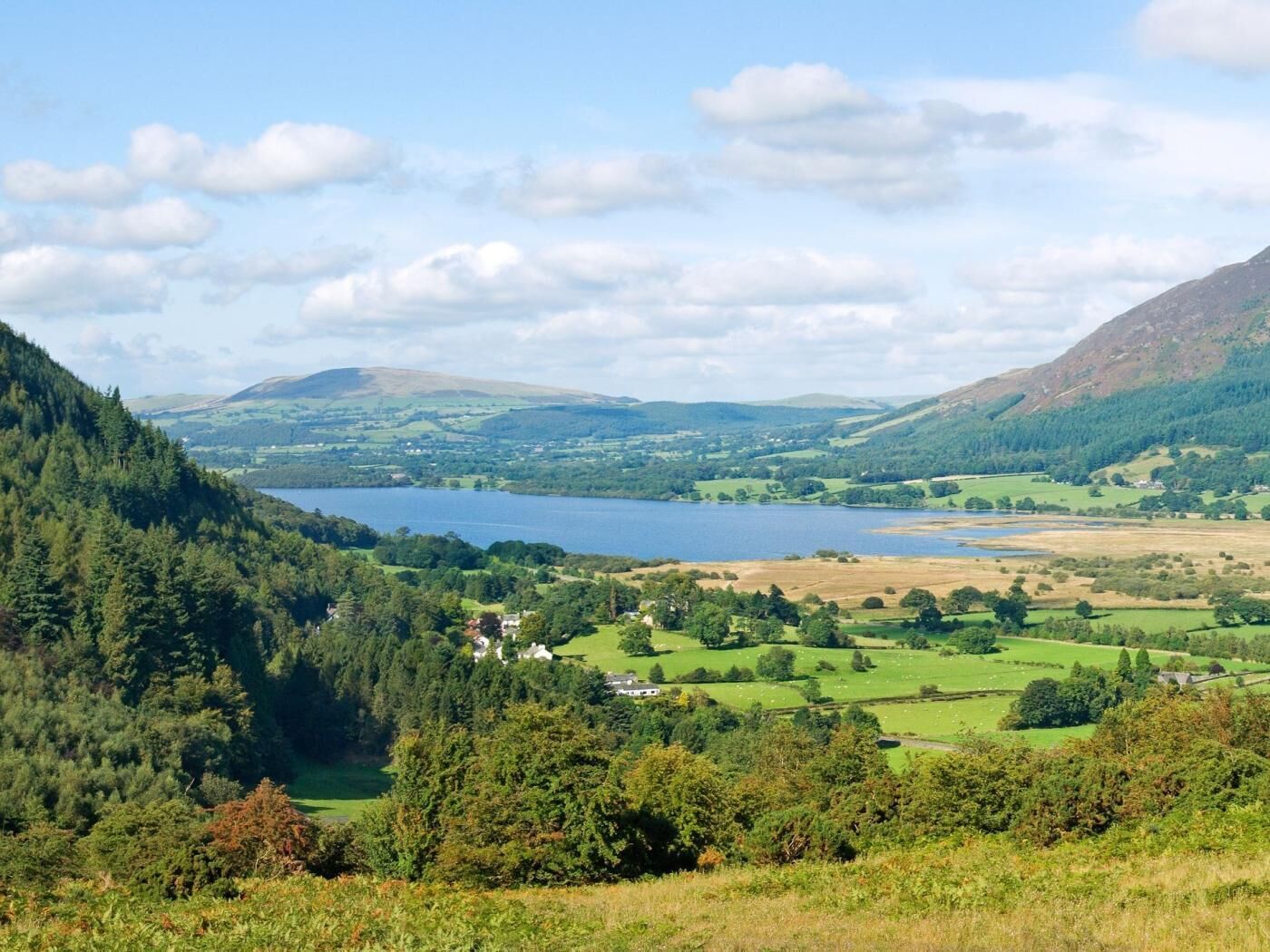A mountainous landscape with a lake, green fields, and scattered houses.