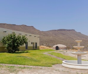 A building with a flat roof, a small tree, and a fountain.