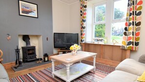 A living room with a fireplace, a television, a sofa, a patterned rug, and a window with curtains. - 2 Bed in Ravenglass (oc-sz514) (Ravenglass)