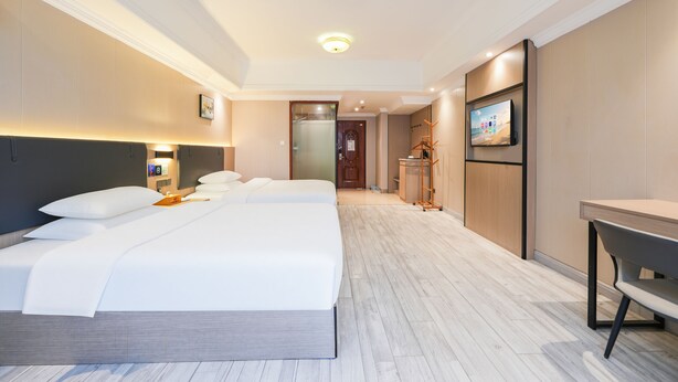 Une chambre d’hôtel avec un grand lit, un bureau et une télévision.