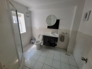 Dusche, Haartrockner, Handtücher, Seife
