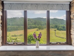 Ein Fenster mit Blick auf eine grüne Landschaft, eine Vase mit Blumen und eine Steinmauer.