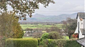 A rural landscape with a stone house, hedges, and distant mountains.