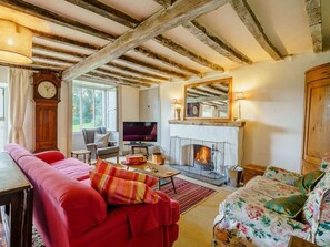 Una sala de estar acogedora con chimenea, televisor y un sofá rojo.
