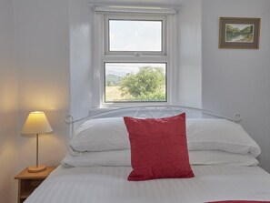 A bed with white bedding and a red pillow, a bedside lamp, and a window with a view of greenery. - 2 Bed in Holmrook (oc-sz205) (Irton with Santon)