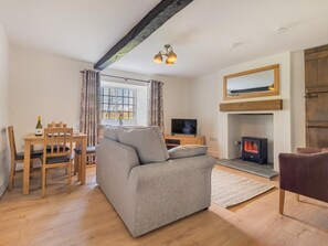 Ein Wohnzimmer mit einer Couch, einem Fernseher, einem Kamin, einem Esstisch mit Stühlen und einem Fenster mit Vorhängen.
