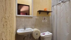 A bathroom with a sink, toilet, and shower curtain.