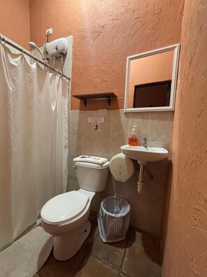 A bathroom with a toilet, sink, and shower curtain.