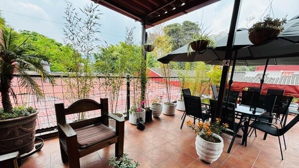 An outdoor patio with a wooden bench, chairs, potted plants, and umbrellas.