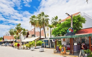 Calle con edificios, palmeras y un restaurante llamado 'Napo'.