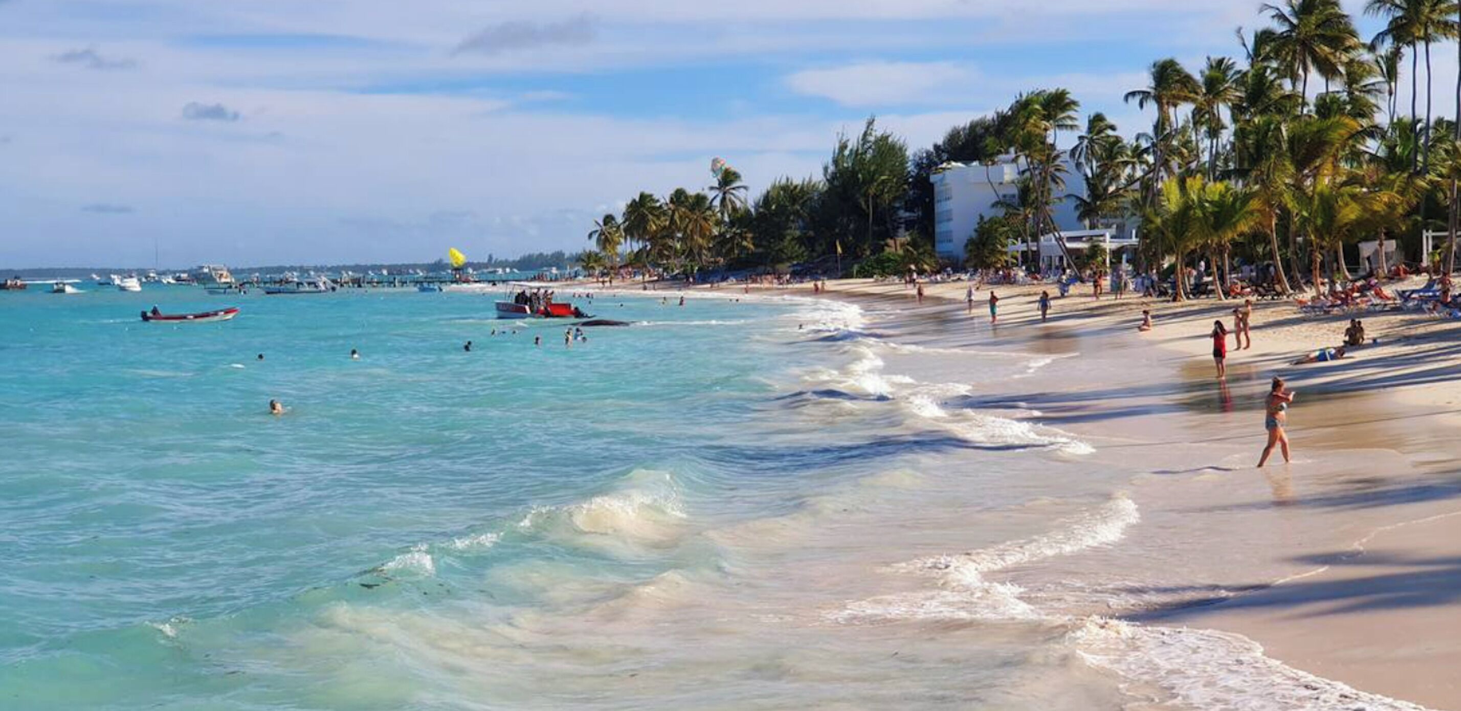 Una playa con agua turquesa cristalina, palmeras y una orilla arenosa.
