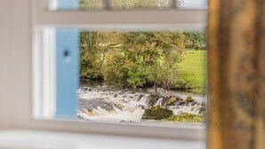 Une fenêtre donnant sur une rivière, des arbres et un champ verdoyant.
