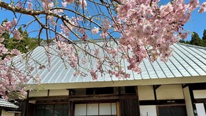 Un bâtiment traditionnel japonais, doté d’un toit en pente, de grandes fenêtres et d’un banc en bois situé au premier plan.