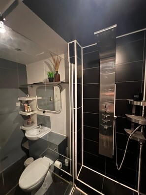 Ein modernes Badezimmer mit einer Duschkabine, einem Waschbecken und einer Toilette.